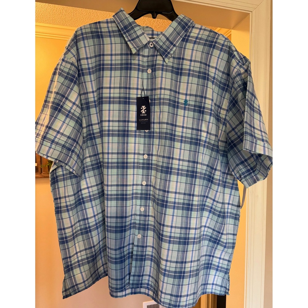 IZOD Luxury Classics Mens 4XB Shirt Short Sleeve Plaid Adriatic Blue 46IZSIBOMX